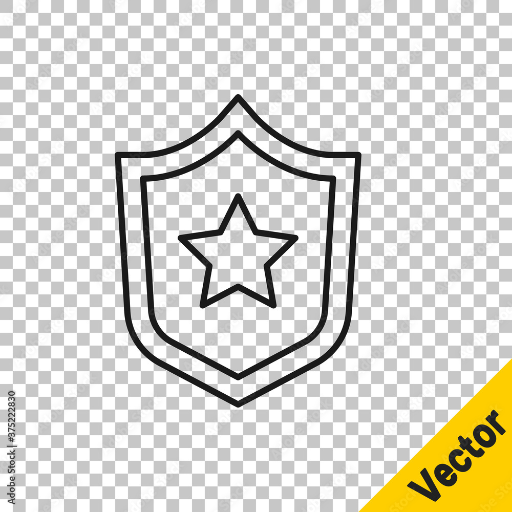 Black line Police badge icon isolated on transparent background. Sheriff badge sign. Shield with star symbol. Vector. Black line Police badge icon isolated on transparent background. Sheriff badge sign. Shield with star symbol. Vector.