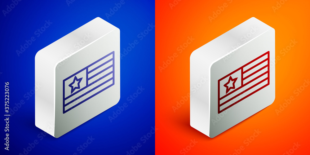 Isometric line American flag icon isolated on blue and orange background. Flag of USA. United States of America. Silver square button. Vector. Isometric line American flag icon isolated on blue and orange background. Flag of USA. United States of America. Silver square button. Vector.