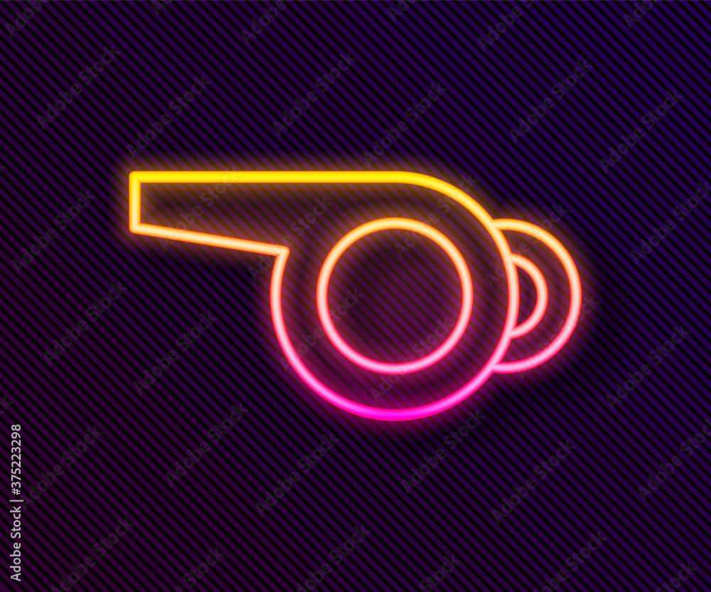 Glowing neon line Whistle icon isolated on black background. Referee symbol. Fitness and sport sign. Vector. Glowing neon line Whistle icon isolated on black background. Referee symbol. Fitness and sport sign. Vector.