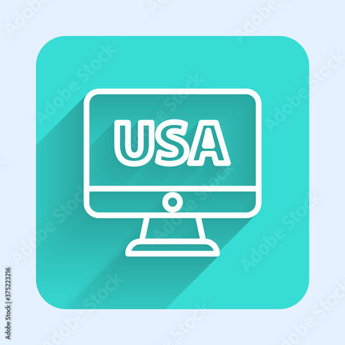 White line USA United states of america on monitor icon isolated with long shadow. Green square button. Vector.