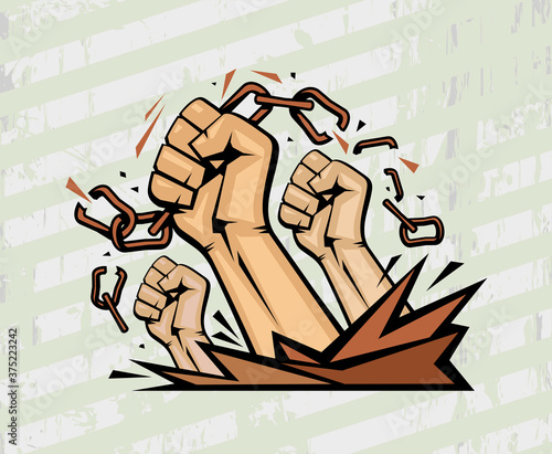 Fists tearing chains vector poster