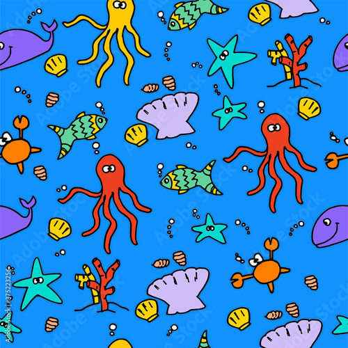 seamless pattern with sea animal isolated on blue background. hand drawn vector. seamless pattern for kids, fabric, wallpaper, wrapping paper and gift. colorful doodle art. cartoon style. sketching. 