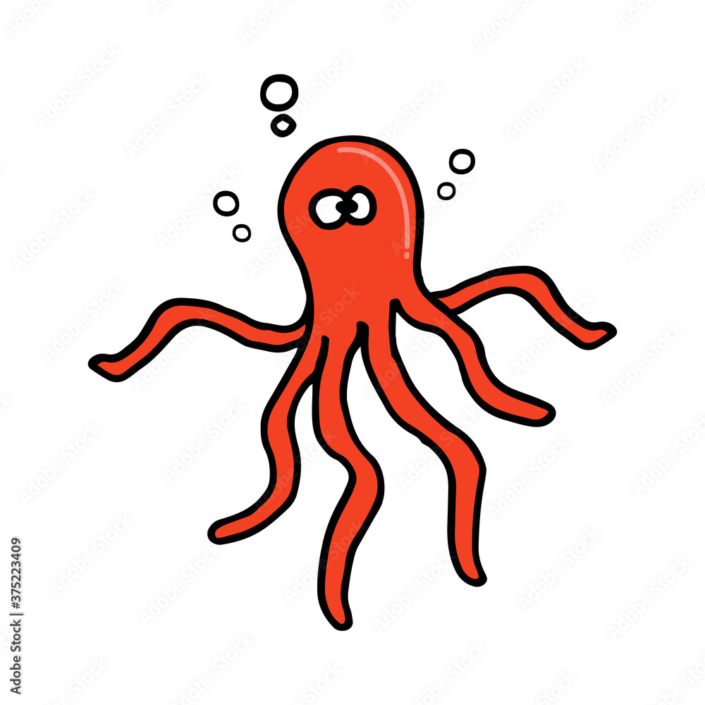 vector illustration of a cartoon octopus isolated on white background. hand drawn vector. simple sketch, drawn with pen. modern scribble for kids, logo, sticker, clipart. colorful doodle art. 
