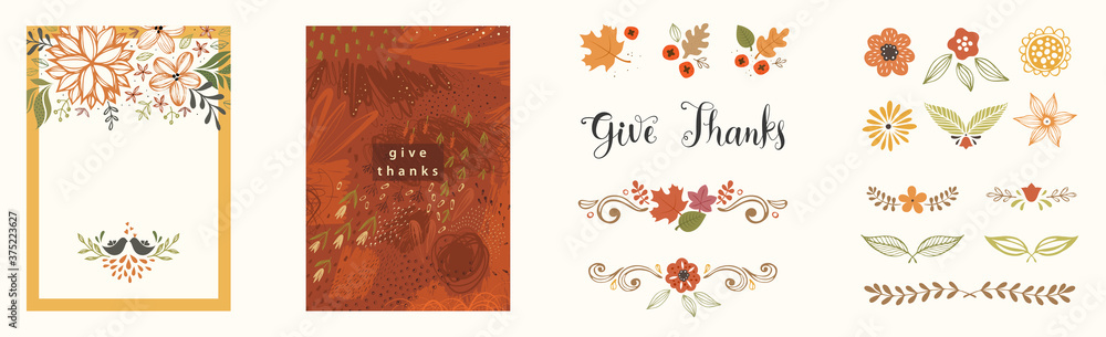 Universal autumn template and design elements. Good for Thanksgiving greeting cards, invitations, flyers and other graphic design. 