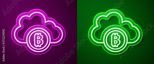 Glowing neon line Cryptocurrency cloud mining icon isolated on purple and green background. Blockchain technology, bitcoin, digital money market, cryptocoin wallet. Vector.