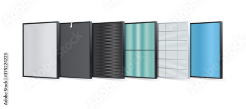 Multi-layer air filter consists of multiple filter layers. Aluminum filter, Coarse fibers, carbon layers, protecting against PM2.5, HEPA filter, fabric layers, air purification layer, ionizer. Vector photo
