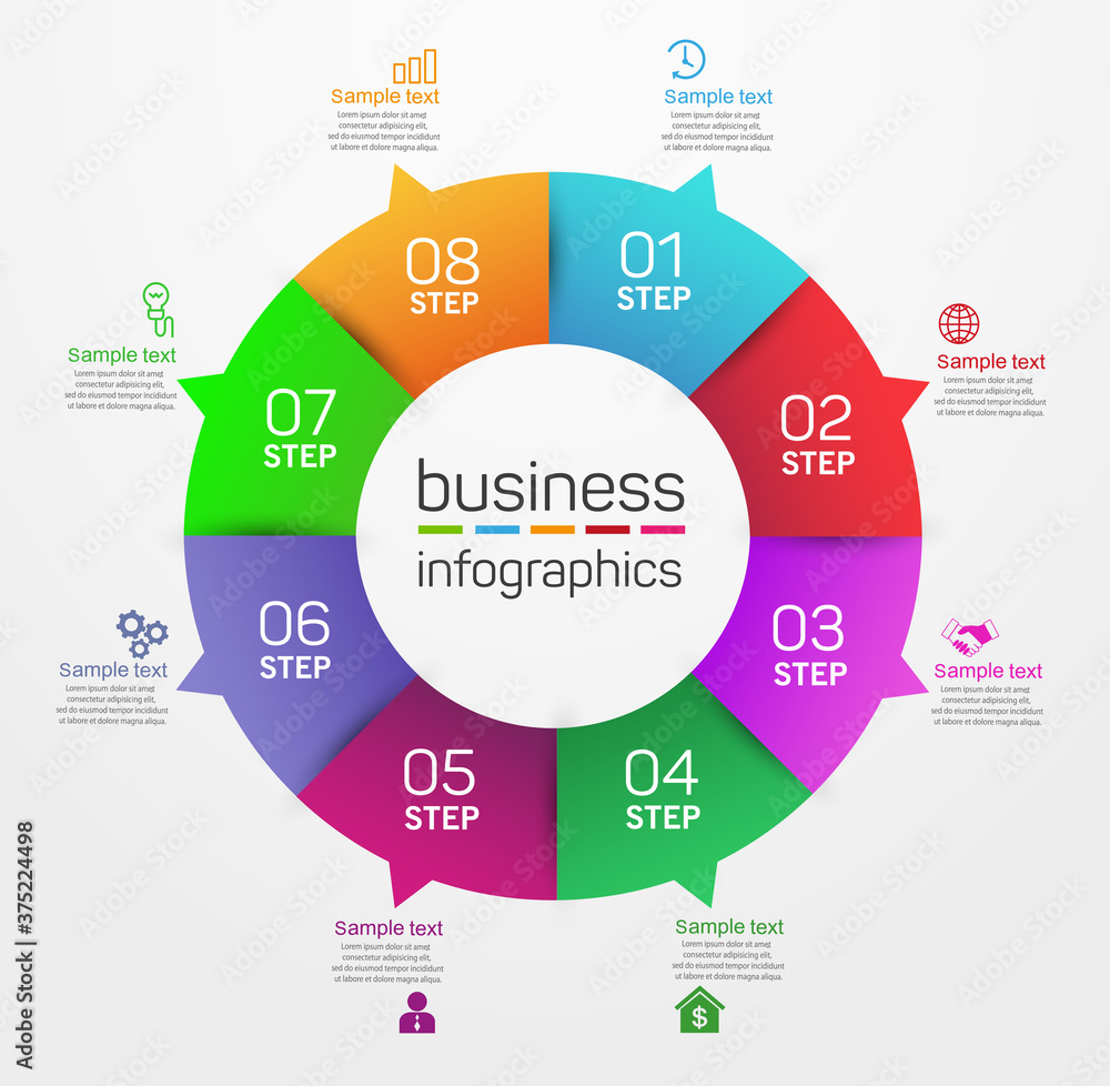 Circle shape business infographic vector design template with 8 options, steps or processes for presentation 