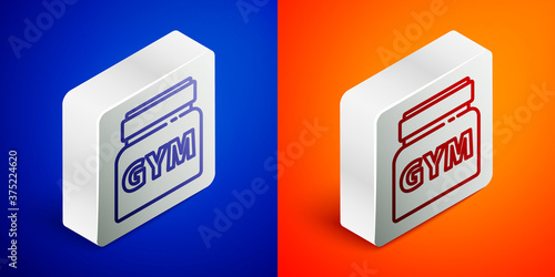 Isometric line Sports nutrition bodybuilding proteine power drink and food icon isolated on blue and orange background. Silver square button. Vector.