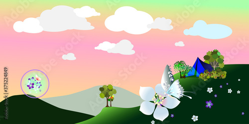 The drawing picture of beautiful morning during the camping day with wonderful flower bouquet and butterfly in the air. A tent on the mountain cliff scenery for background. For nature tourism banner.