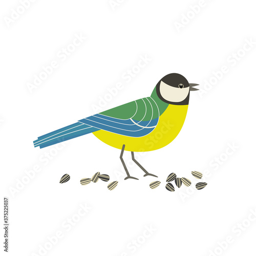 Great tit bird cute cartoon flat color vector icon