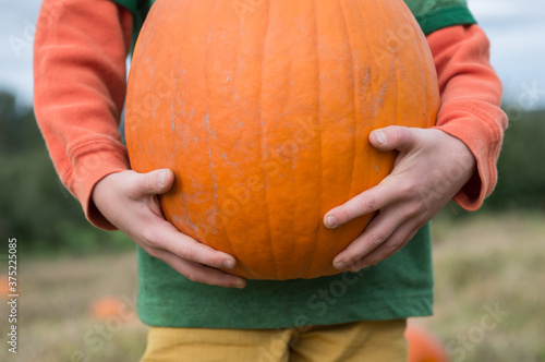Child holds a big orange pumpkin in his arms