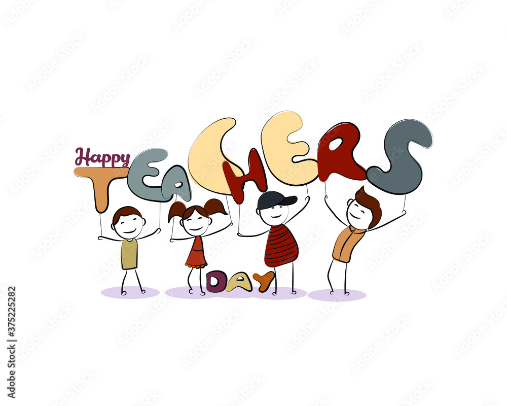 Vector illustration of happy teachers day, cute, little, happy children holding teachers day letters in hands, cartoon illustration greeting , stick figure