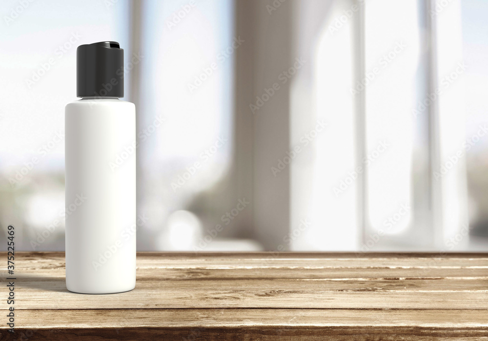 Εκτύπωση καμβά 3d render of flip top white cosmetic bottle with black lid on a wooden table