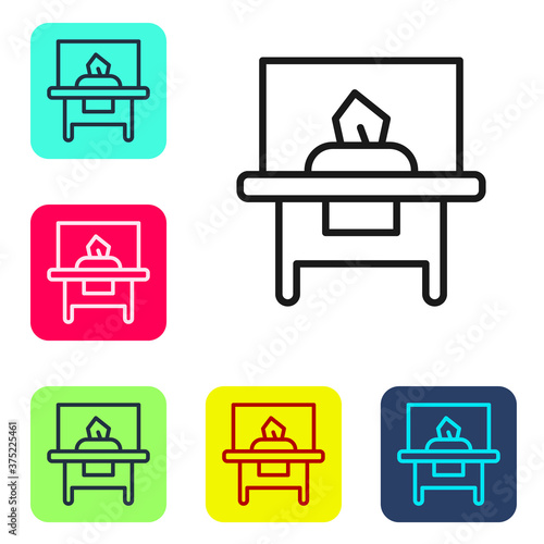 Black line Glass showcase for exhibit icon isolated on white background. Set icons in color square buttons. Vector.