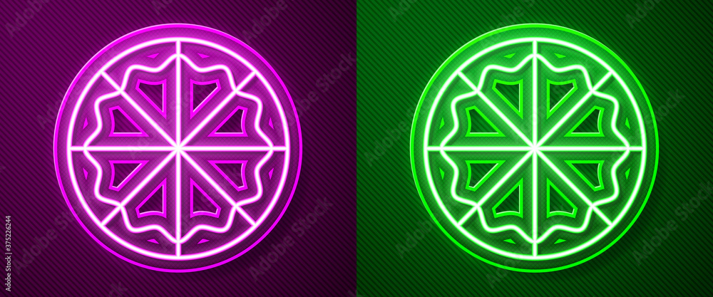 Glowing neon line Pizza icon isolated on purple and green background. Fast food menu. Vector. Glowing neon line Pizza icon isolated on purple and green background. Fast food menu. Vector.