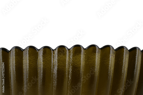 close-up photo of dark green smoked glass isolated on white background, beautiful wavy edge glass, abstract background of glass texture