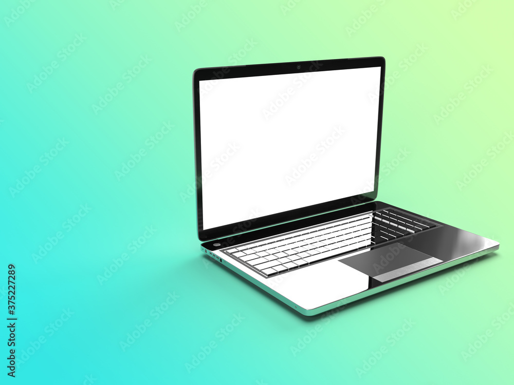 a shining glossy full metal glass body laptop with mockup black screen in colorful gradient background with space for text. 3d digital illustration. a shining glossy full metal glass body laptop with mockup black screen in colorful gradient background with space for text. 3d digital illustration.
