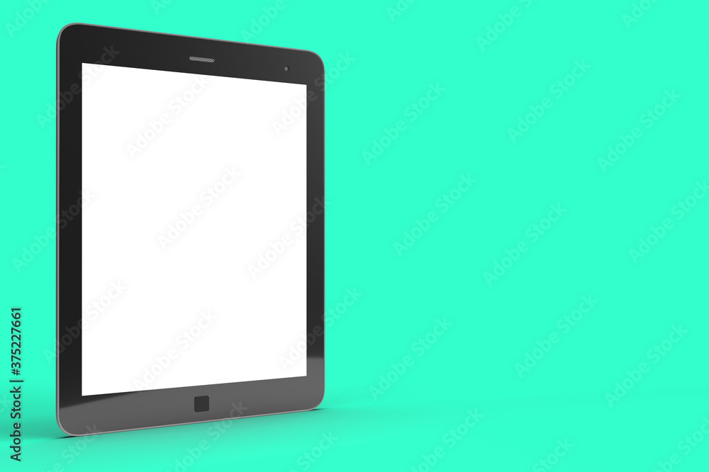 3d render of a tablet with a white blank screen mockup with black rim in a solid cyan background with space for text 3d render of a tablet with a white blank screen mockup with black rim in a solid cyan background with space for text