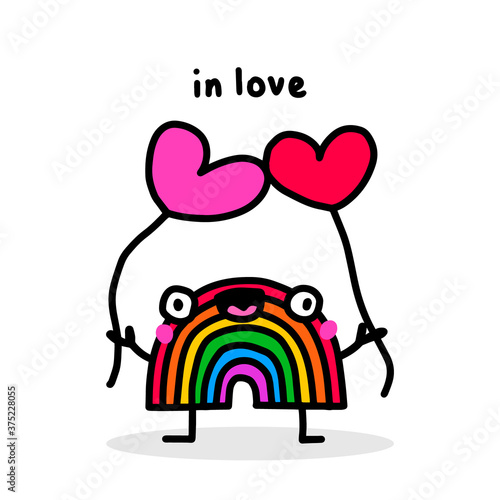 Rainbow character in love hand drawn vector doodle illustration in cartoon comic style