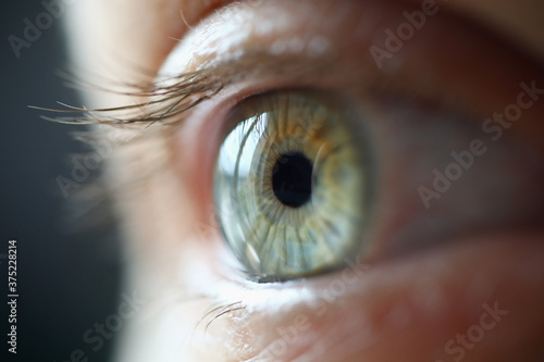 Blue eye with eyelashes close up. Improving vision with laser correction. photo