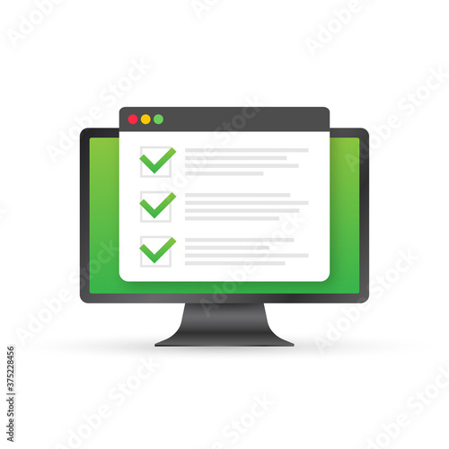 Online exam, checklist and pencil, choosing answer, questionnaire form, taking test. Vector illustration.