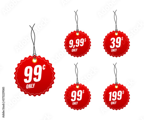Discount sticker. Template with 99 only. Vector template design. Sale, price tag. Sale banner badge. Special offer price sign. Vector stock illustration.