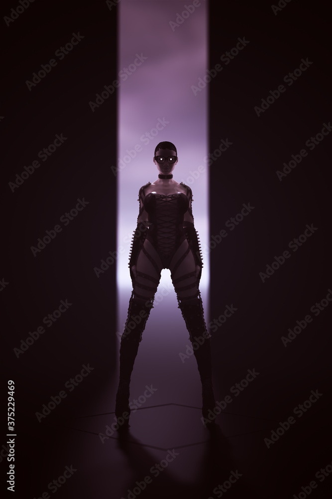 Woman In a Black Boots Basque with Glowing Eyes 3d Illustration