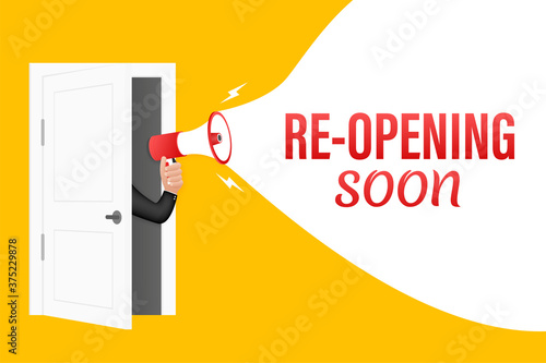 Hand Holding Megaphone with Re opening. Web design. Vector stock illustration.