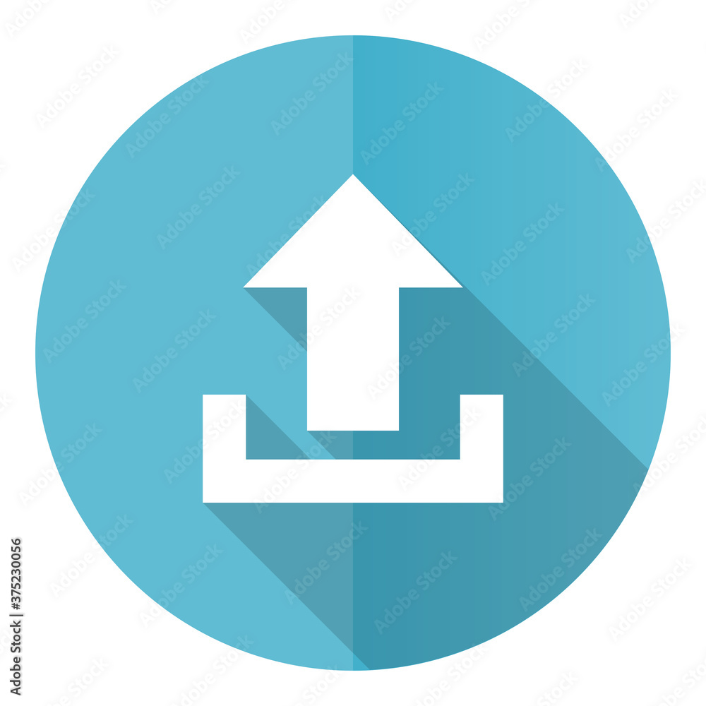 Upload vector icon, flat design blue round web button isolated on white background Upload vector icon, flat design blue round web button isolated on white background