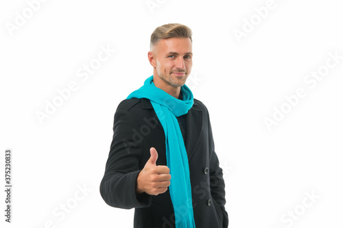 thumb up for success. handsome male has groomed graying hair. mature guy isolated on white background. autumn casual fashion accessories. male fashion and beauty. happy man feel the success