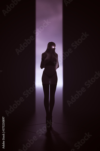 Woman In a Black Boots and Shrink Wrap Transparent Futuristic Dress with Glowing Eyes 3d Illustration © paul