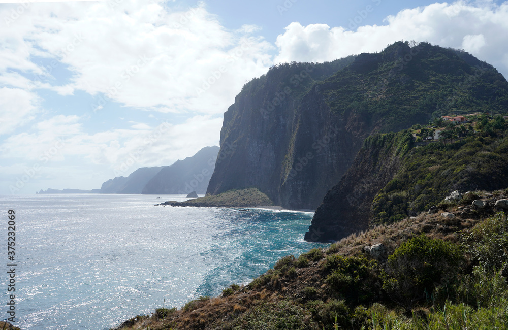 Mountain and ocean views from the viewpoint near Porto da Cruz in Madeira Island 