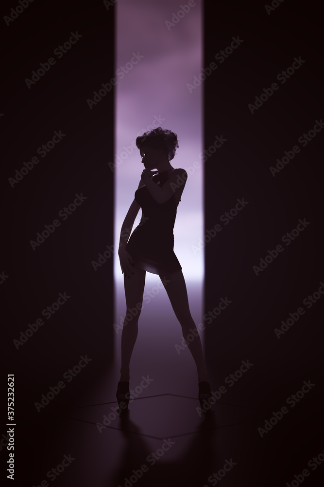 Woman In a Small Black Transparent Futuristic Dress with Glowing Eyes 3d illustration 3d render