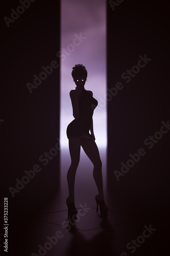 Woman In a Small Black Transparent Futuristic Dress with Glowing Eyes 3d illustration 3d render