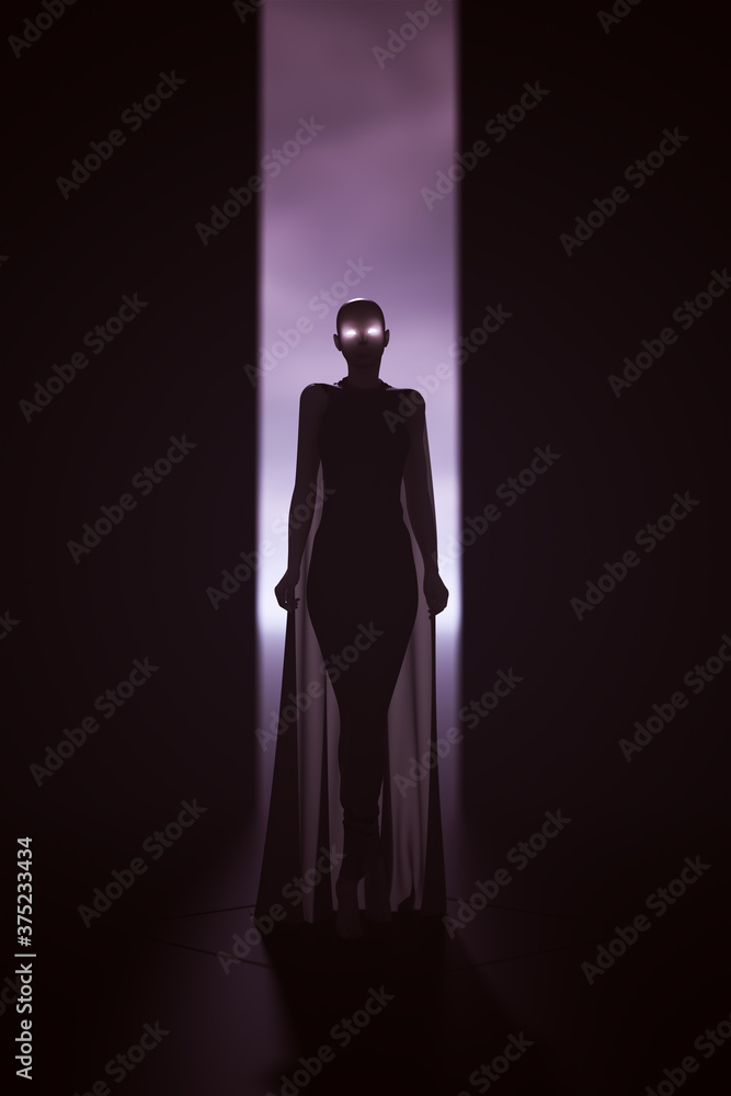 Woman In a Transparent Futuristic Dress with Glowing Eyes 3d illustration 3d render