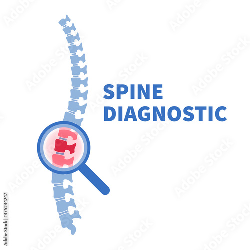 Flat vector illustration of problem with human spine silhouette. Concept of diagnostic pain in vertebral column. Backbone icon for orthopedic, osteopathy, surgery