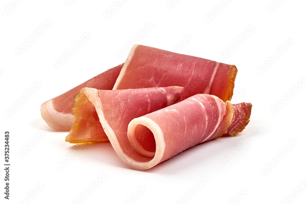 Italian prosciutto crudo or spanish jamon. Jerked ham, isolated on white background Italian prosciutto crudo or spanish jamon. Jerked ham, isolated on white background