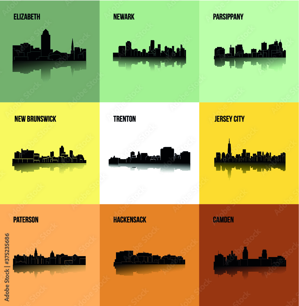 Set of 9 city in New Jersey ( Jersey City, New Brunswick, Newark, Parsippany, Trenton, Paterson, Hackensack, Camden, Elizabeth ) Set of 9 city in New Jersey ( Jersey City, New Brunswick, Newark, Parsippany, Trenton, Paterson, Hackensack, Camden, Elizabeth )