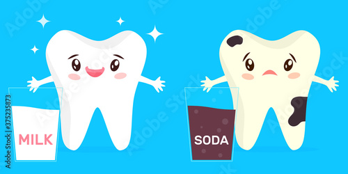 Cartoon illustration of bright healthy tooth with glass of milk and unhealthy caries tooth with glass of soda. Concept of good and bad dental habits, teeth hygiene and healthcare.