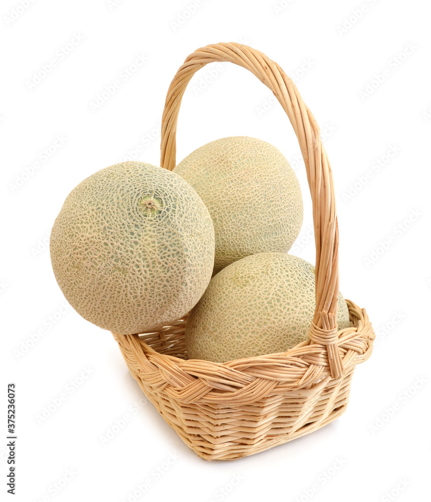 cantaloupe melon in basket on white cantaloupe melon in basket on white