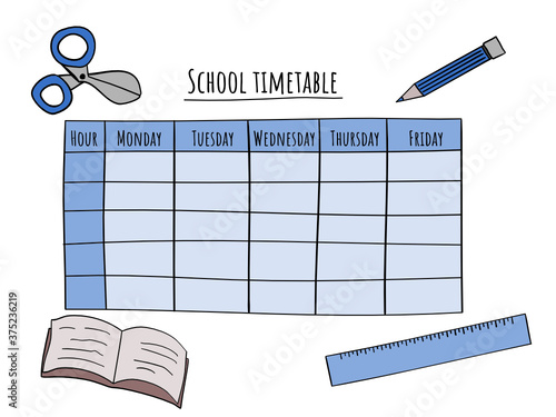 Blue school timetable template isolated on white background with stationery objects. Hand drawn illustration. Ready to print.