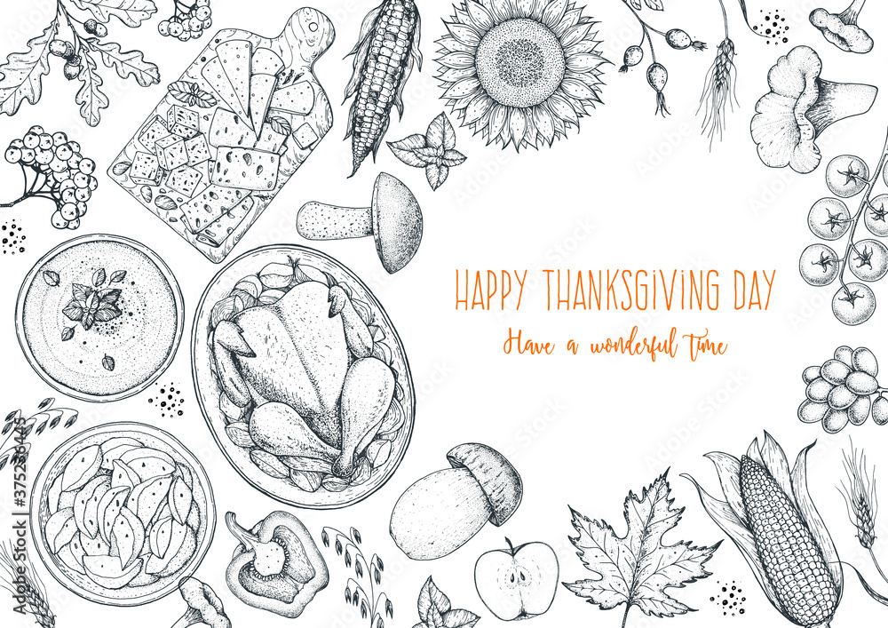 Obraz premium Thanksgiving food banner design. Thanksgiving illustration. Food hand drawn sketch. Festive dinner with turkey. Autumn food sketch. Engraved image. Vector thanksgiving background.
