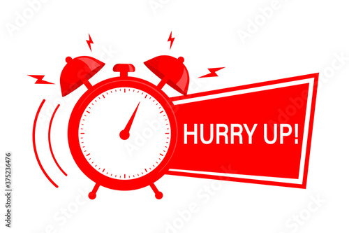Retro red ribbon with alarm on white backdrop. Hurry up concept. Vector illustration.