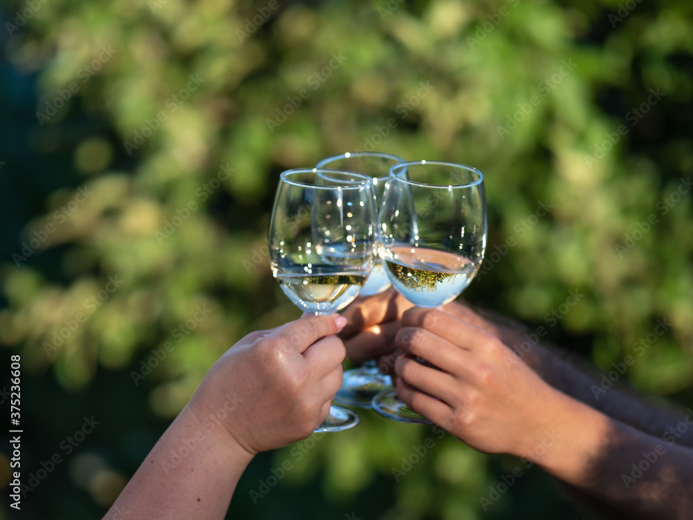 Fototapeta premium White wine glasses in hands. Two unrecognizable people clang glasses together outdoors.