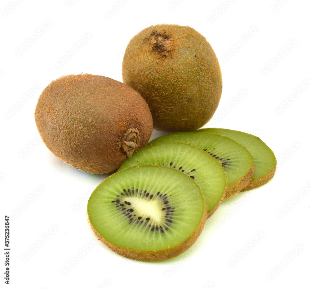 Whole kiwi fruit and his sliced segments isolated on white background cutout Whole kiwi fruit and his sliced segments isolated on white background cutout