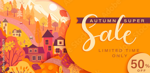 Autumn sale card with fall countryside landscape: trees, houses, mountain.Big discounts in new season with panoramic of countryside. Banner, poster, card with clearance.Vector illustration.