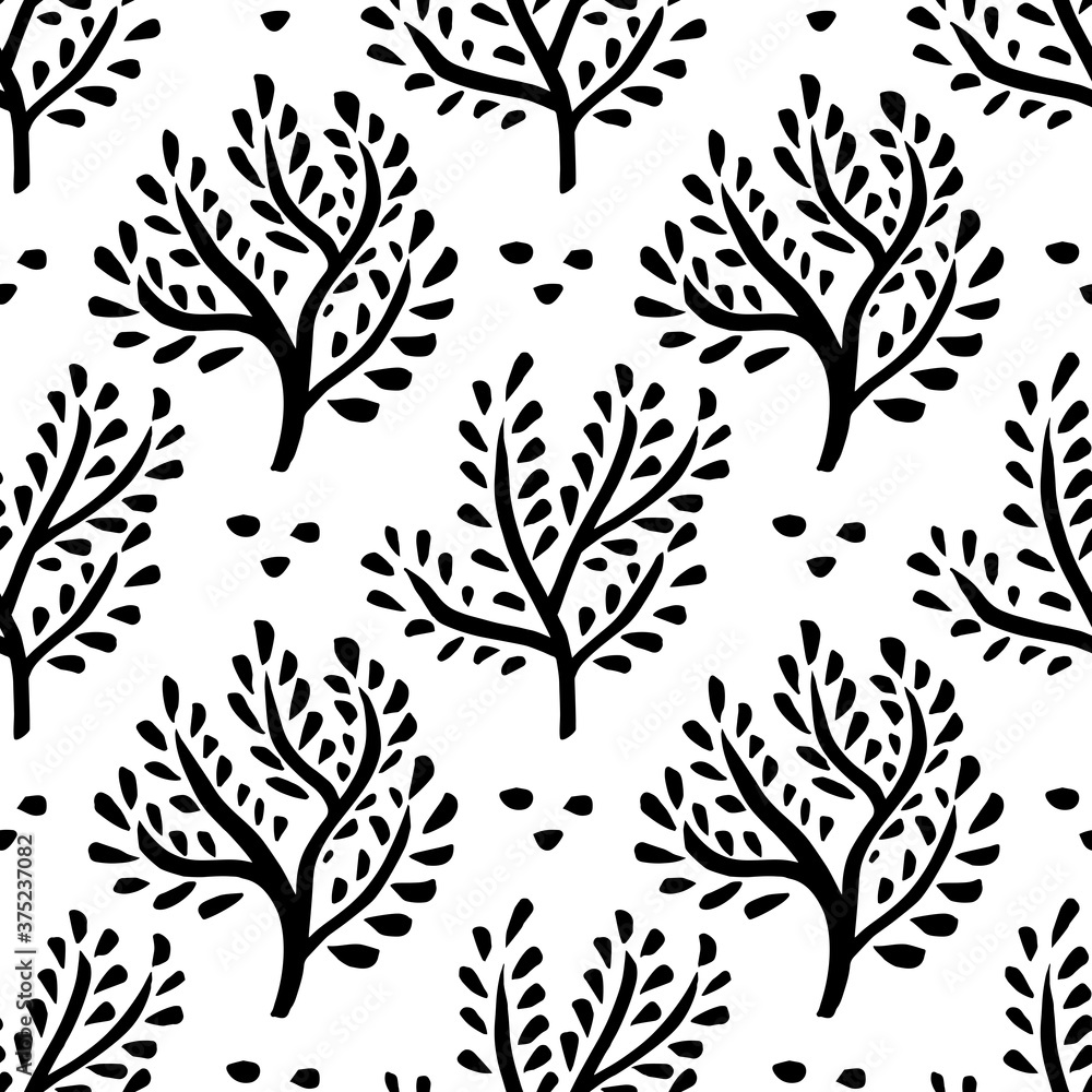 Seamless floral ornament. Hand drawn trees, forest background
