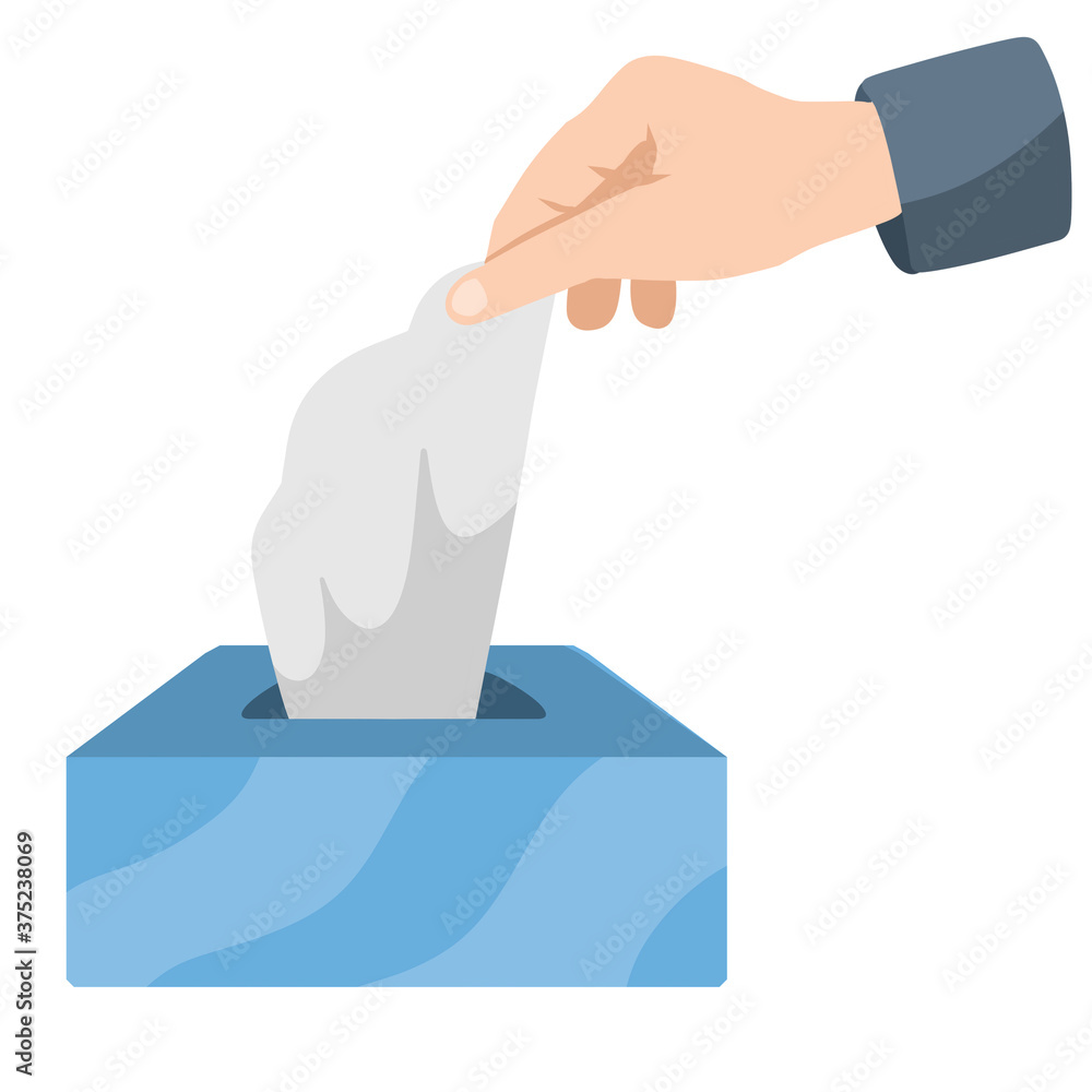 Sanitary napkin. Hand and Wet handkerchief. Hygiene and sanitation. Take from the tissue Box. Flat cartoon illustration. Blue pack Sanitary napkin. Hand and Wet handkerchief. Hygiene and sanitation. Take from the tissue Box. Flat cartoon illustration. Blue pack