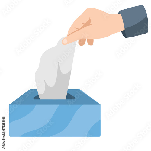 Sanitary napkin. Hand and Wet handkerchief. Hygiene and sanitation. Take from the tissue Box. Flat cartoon illustration. Blue pack