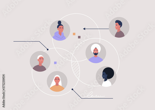 A teamwork organisational scheme, a diverse group of young professionals working together on a project
